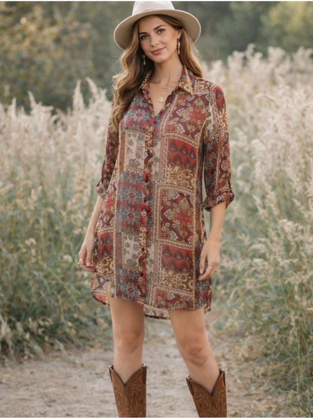 NWT Haver London Boho Patchwork Tunic Dress Sheer Chiffon Western XS